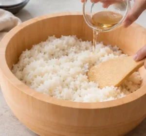 اضافه کردن سرکه سوشی به برنج سوشی